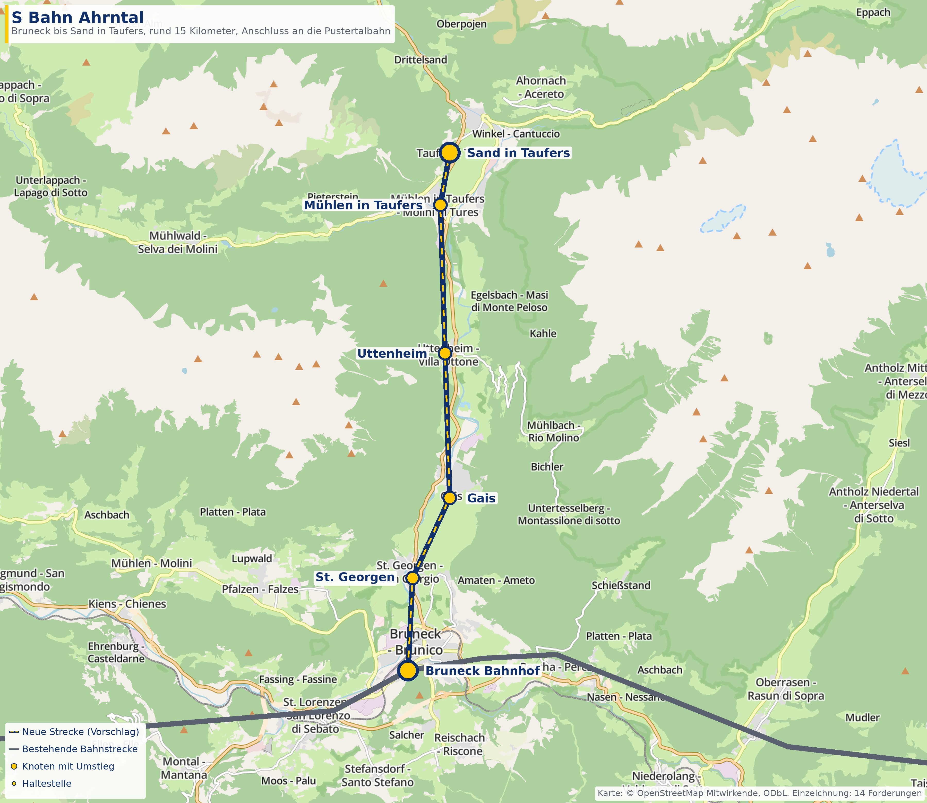 Karte: S Bahn Ahrntal von Bruneck nach Sand in Taufers