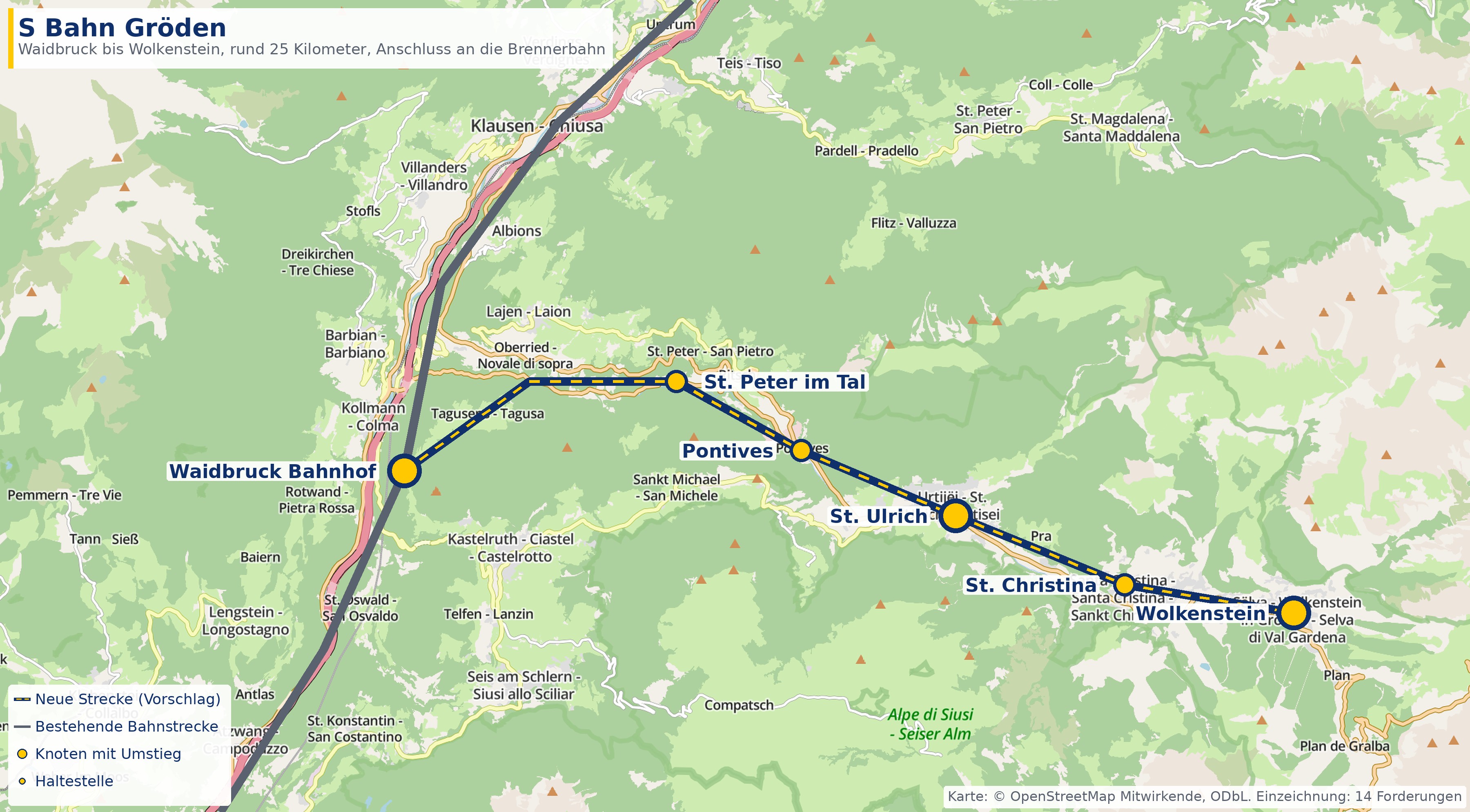 Karte: S Bahn Gröden von Waidbruck nach Wolkenstein