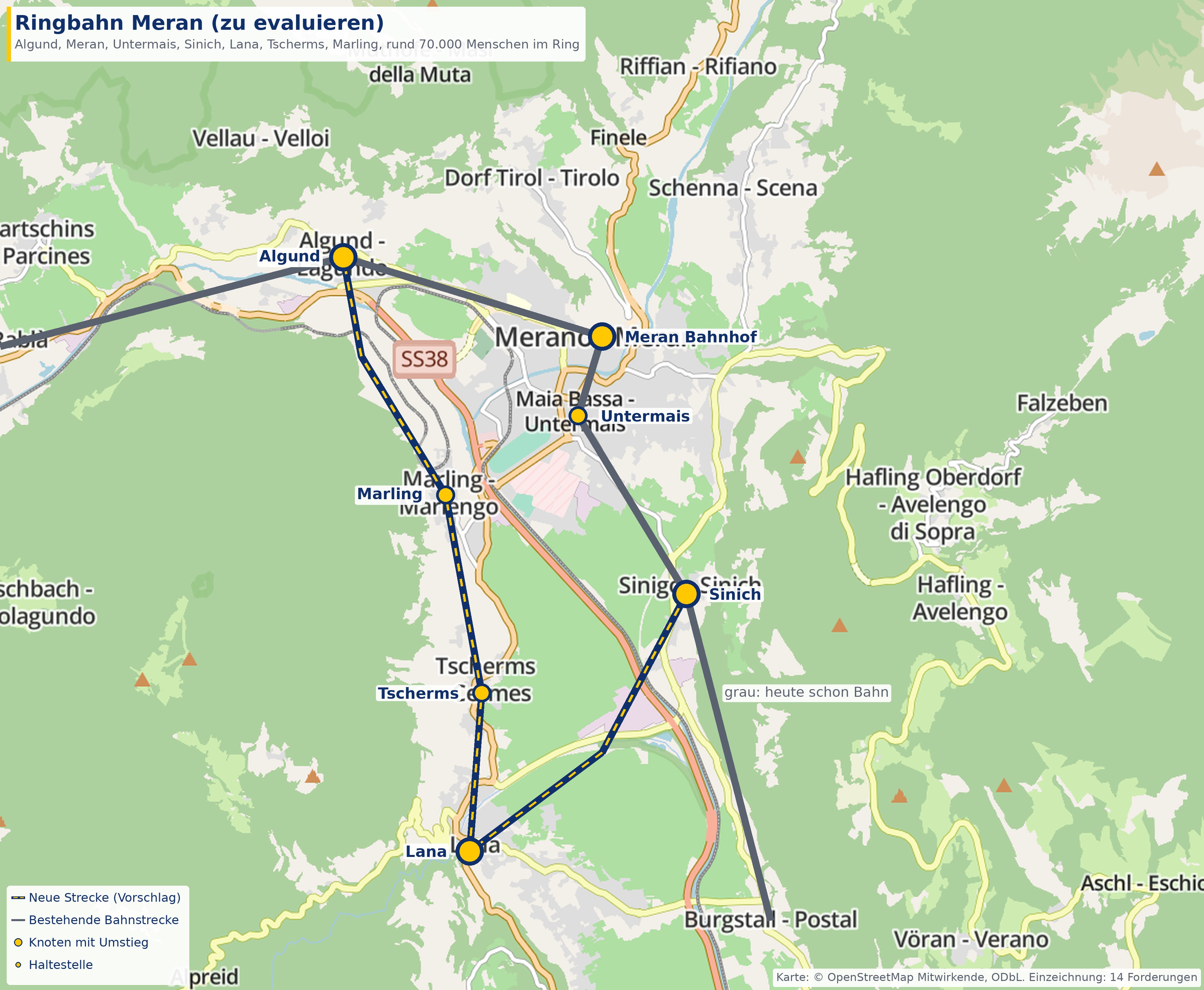 Karte: Ringbahn um Meran über Algund, Sinich, Lana und Marling