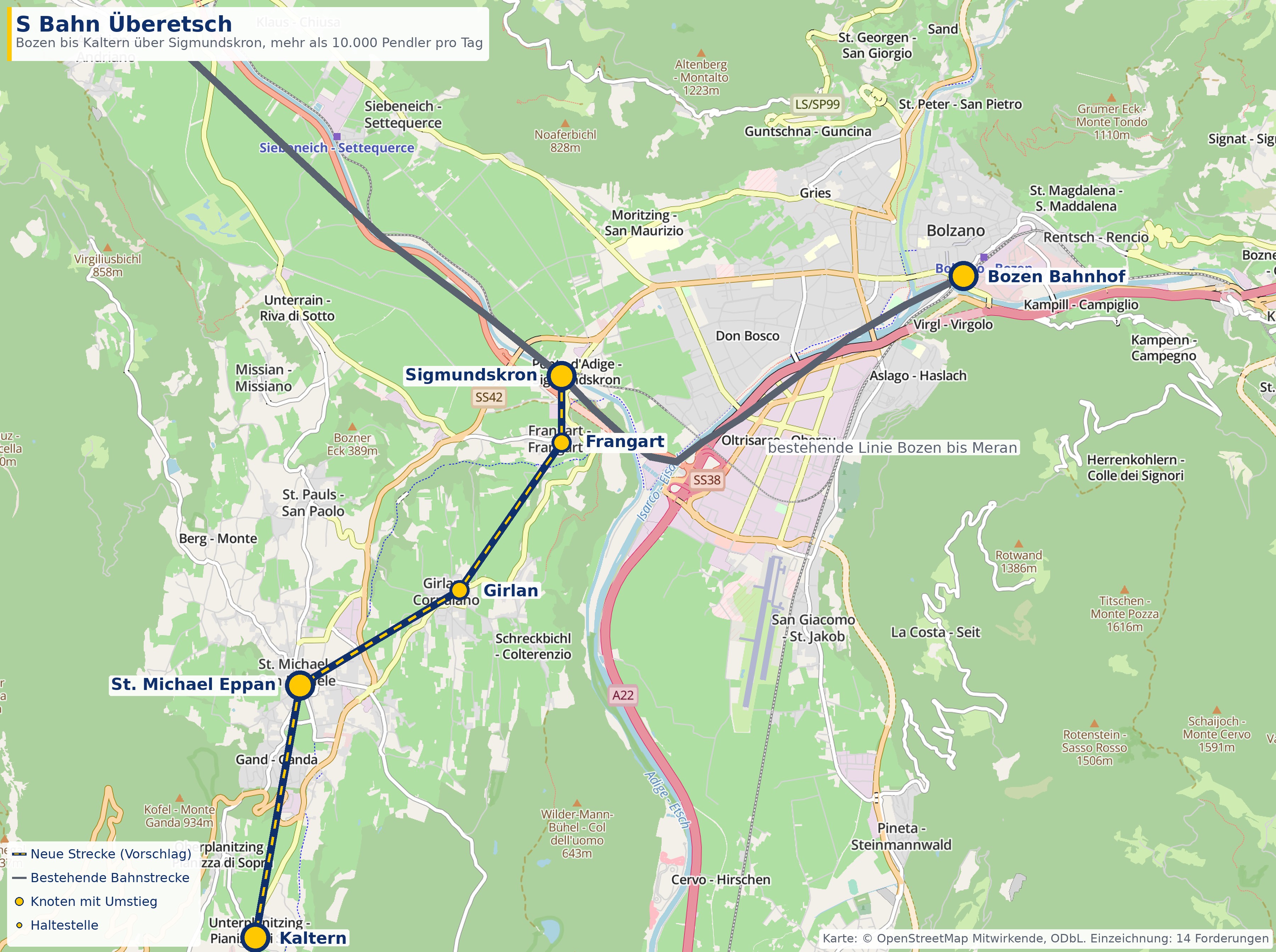 Karte: S Bahn Überetsch von Bozen über Sigmundskron nach Kaltern