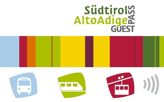Logo des Südtirol Guest Pass mit Bus, Zug und Seilbahn
