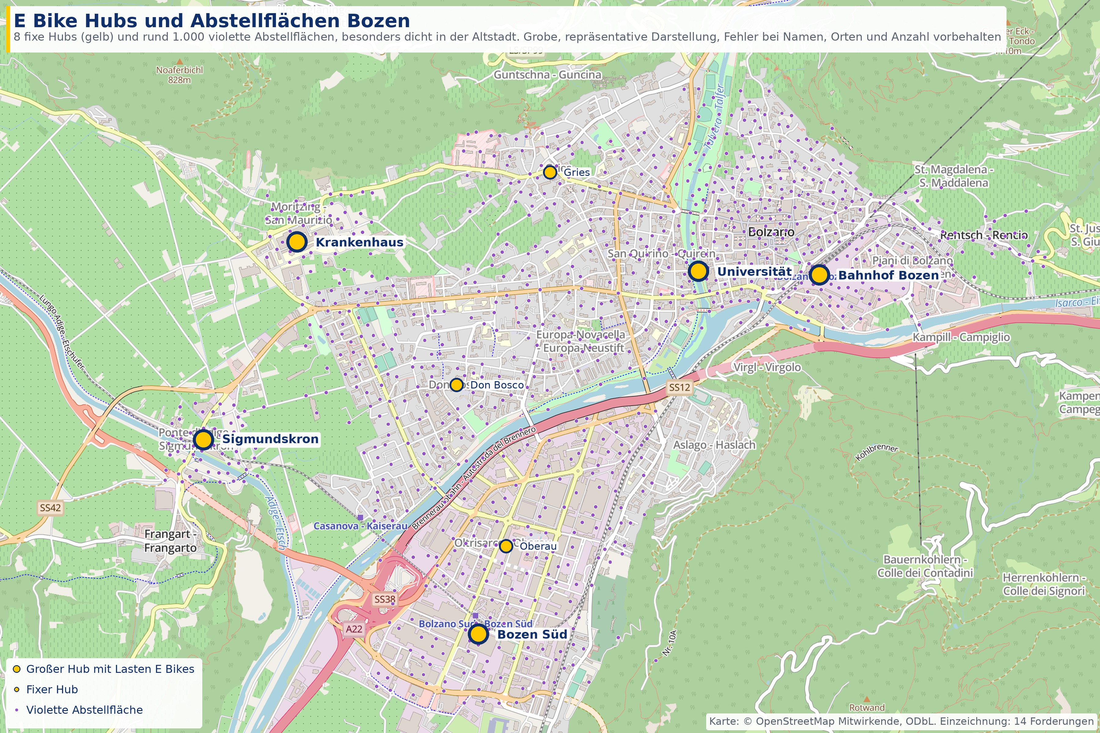 Karte von Bozen mit 100 E Bike Stationen