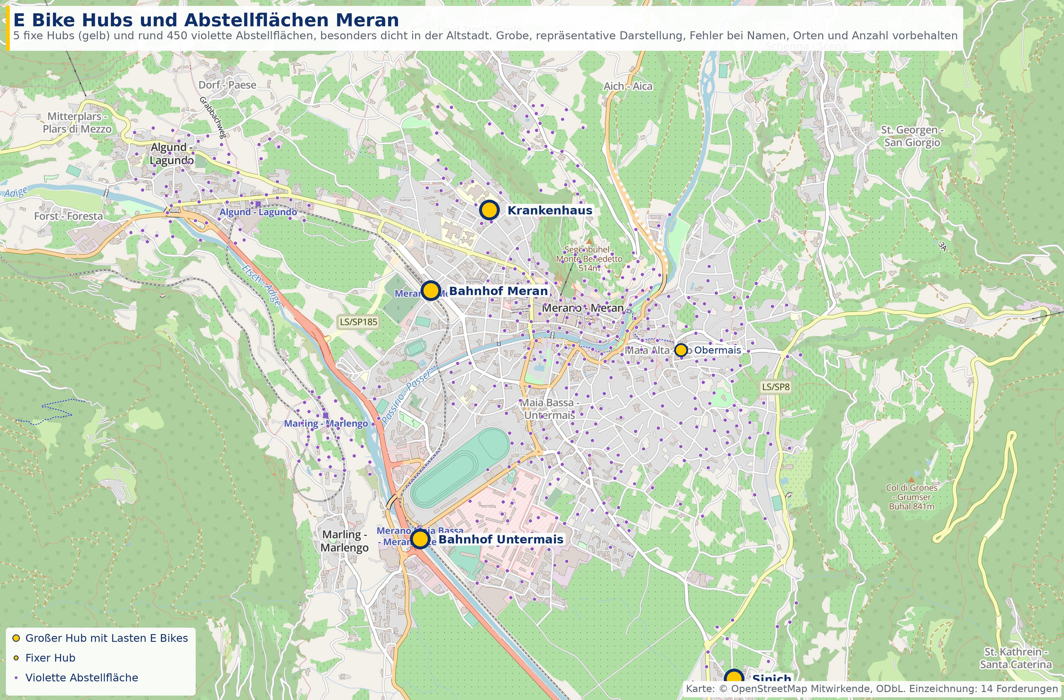 Karte von Meran mit 50 E Bike Stationen