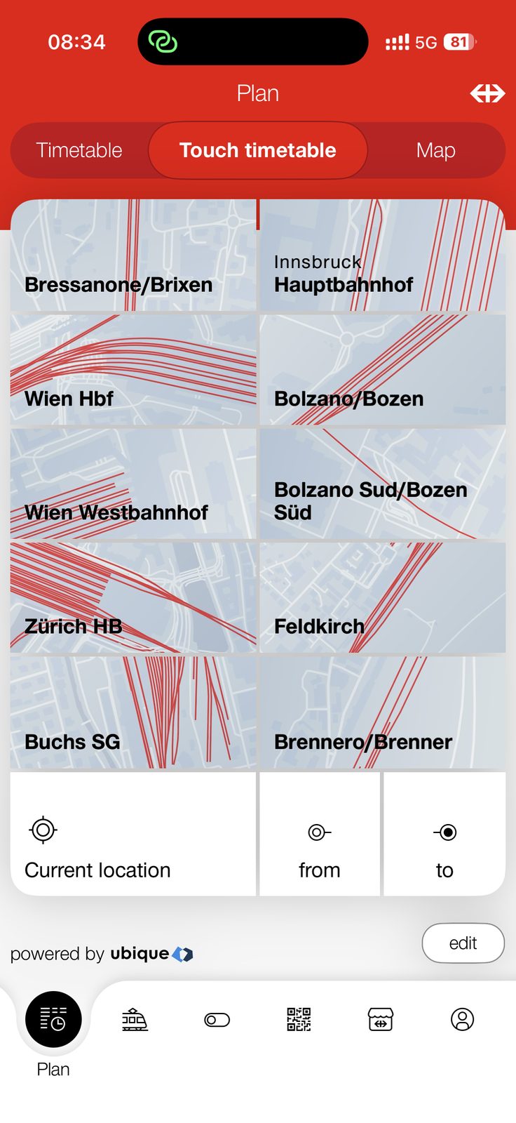 SBB Mobile App mit Touch Fahrplan, Kacheln für Bahnhöfe wie Brixen, Bozen, Innsbruck