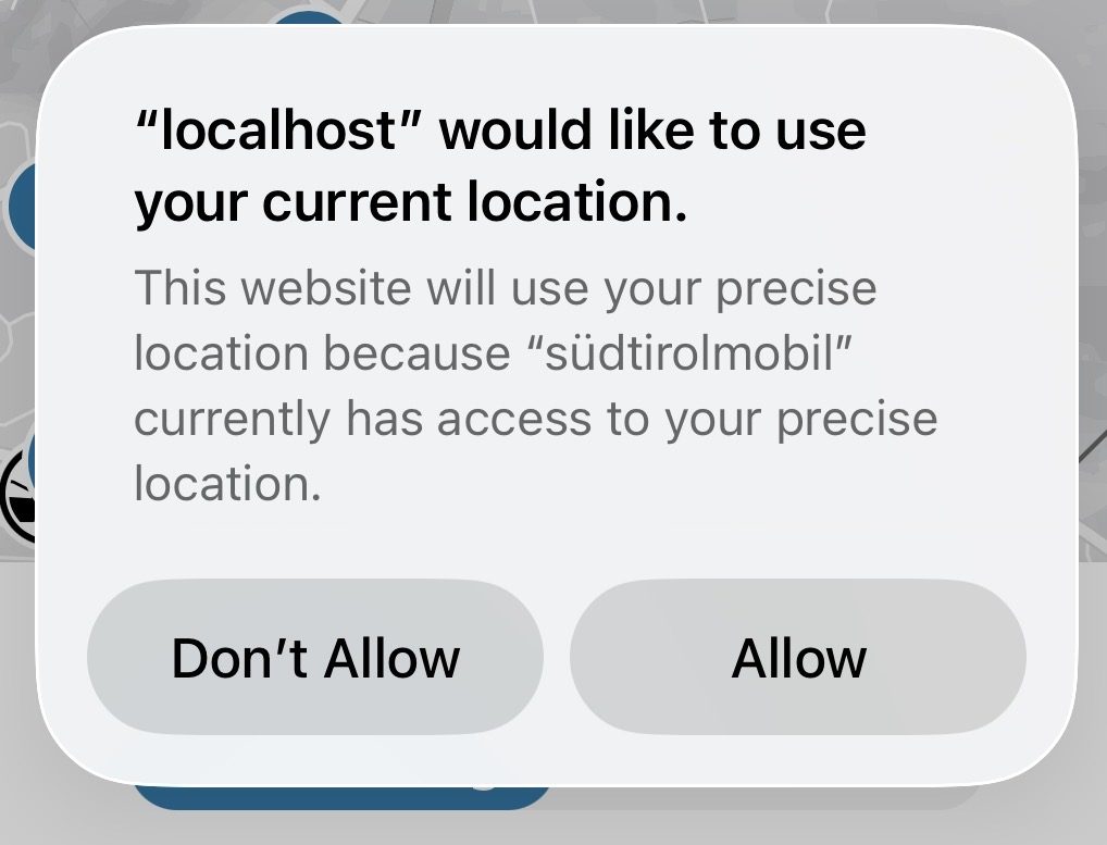 Systemdialog: localhost möchte den Standort verwenden, weil südtirolmobil Zugriff hat