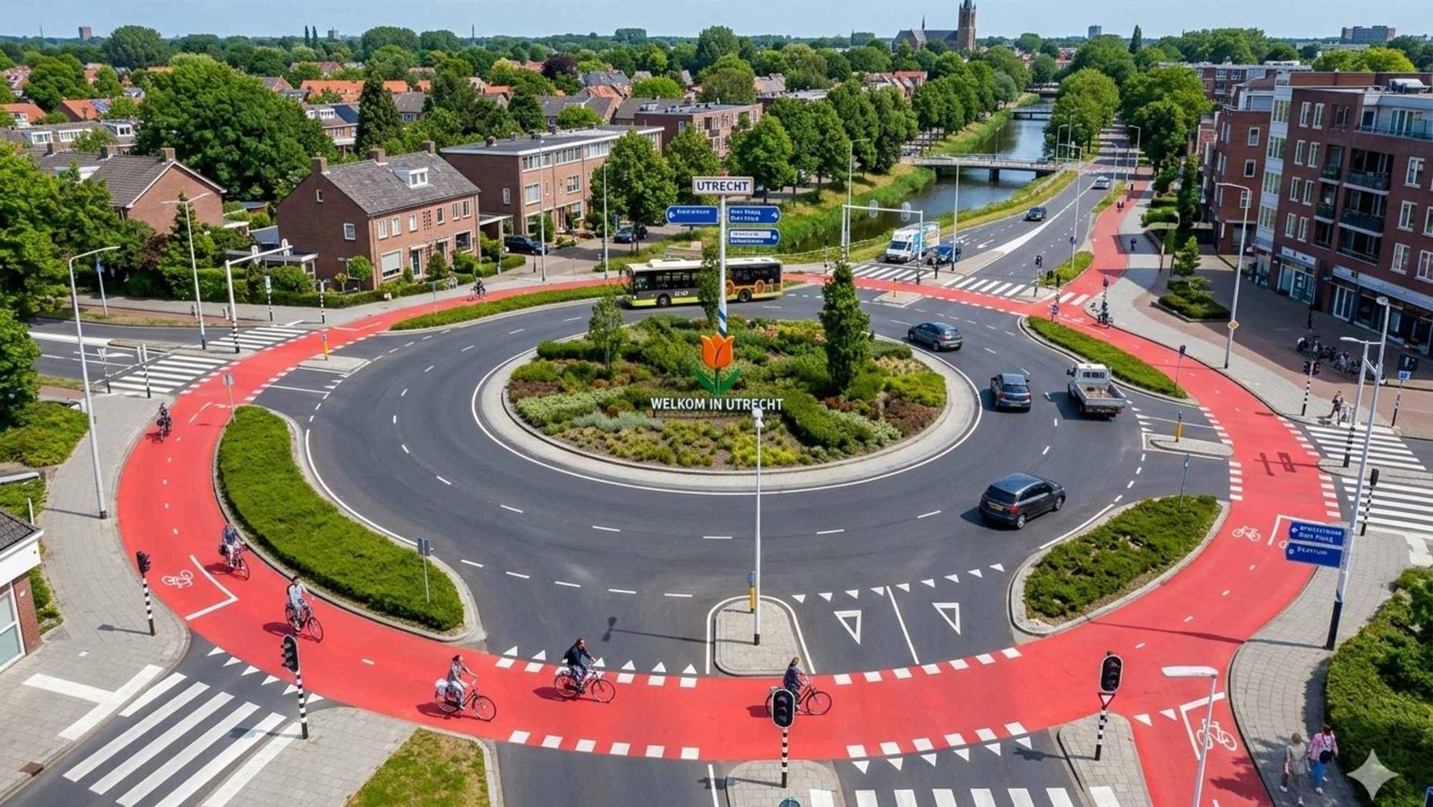 Kreisverkehr mit außen liegendem rotem Radring, Radfahrende haben Vorrang